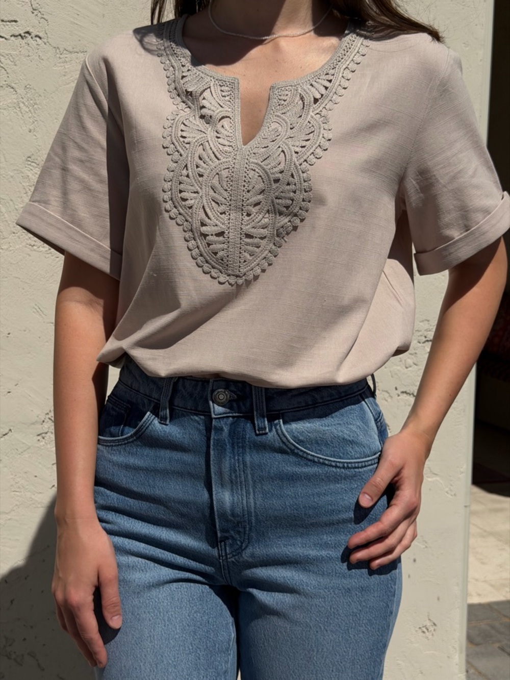 Womens Embroidered V-Neck Tee in Taupe